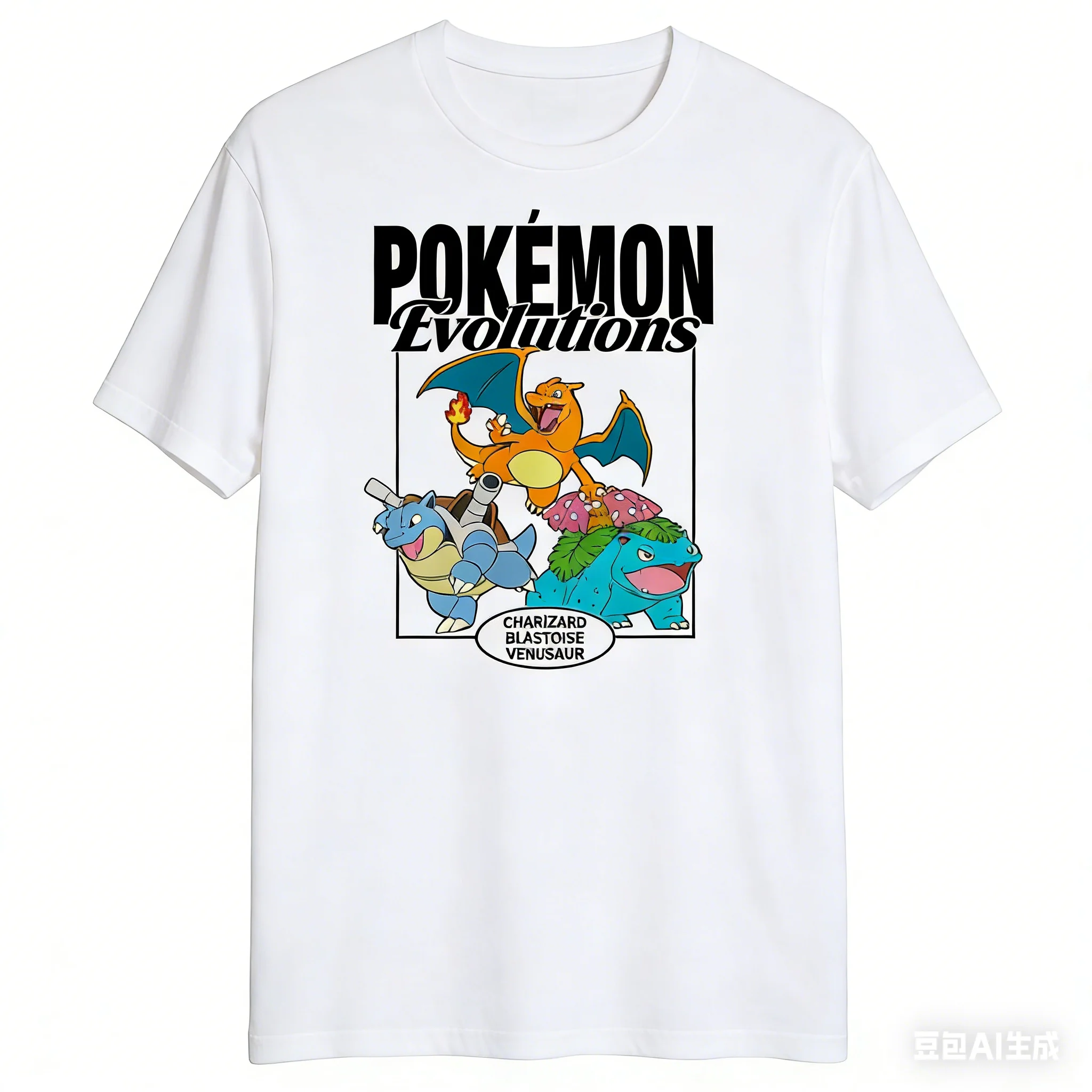 Bandai Pokémon Kanto Starter Evolutions Printed Cotton T-shirt Summer Men's and Women's Harajuku Clothing Fashion Casual T-shirt