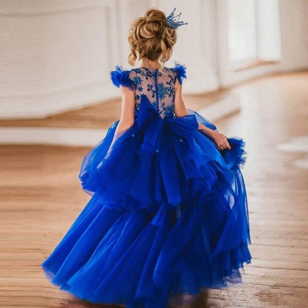 

Elegant Tulle Printing Layered Fishtail Exquisite Princess Flower Girl Dresses Wedding Party Ball First Communion Dresses Gift