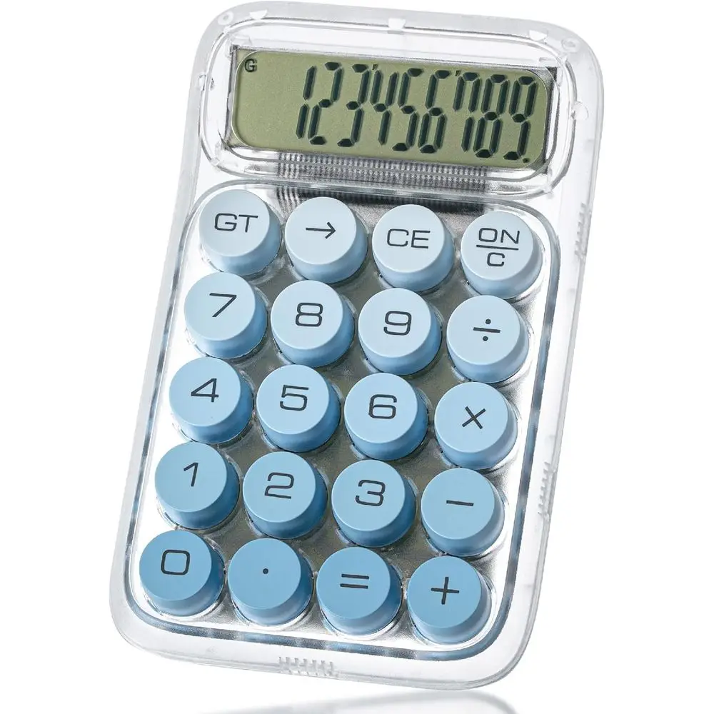 10-Digit Mechanical Switch Calculator with Blue Transparent Body, Large LCD, and Oversized Buttons
