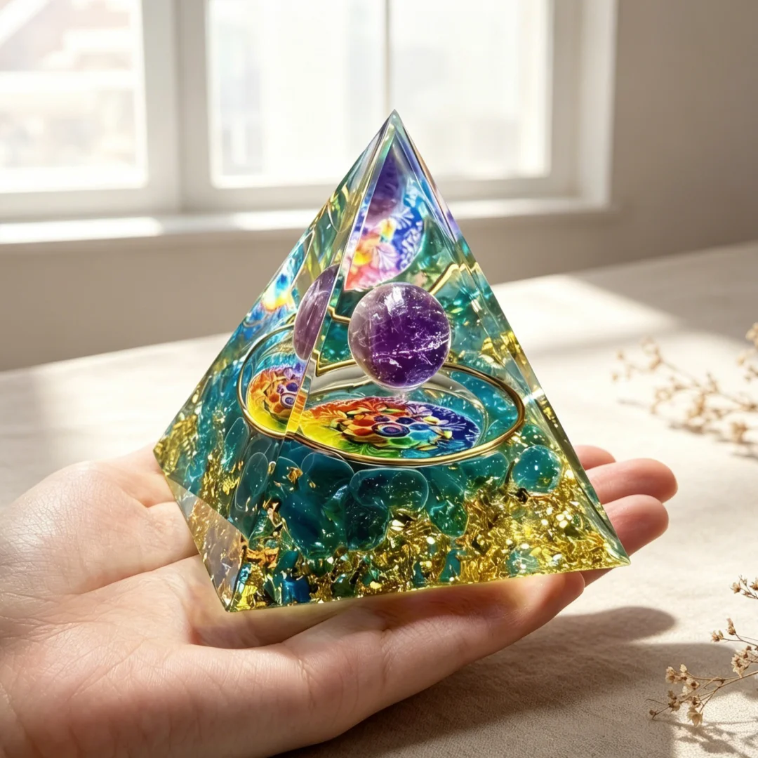 Natural Amethyst 7 Chakra Orgonite Pyramid, Reiki Energy Healing Crystal Pyramid for Spiritual Balance, Yoga Meditation Ornament