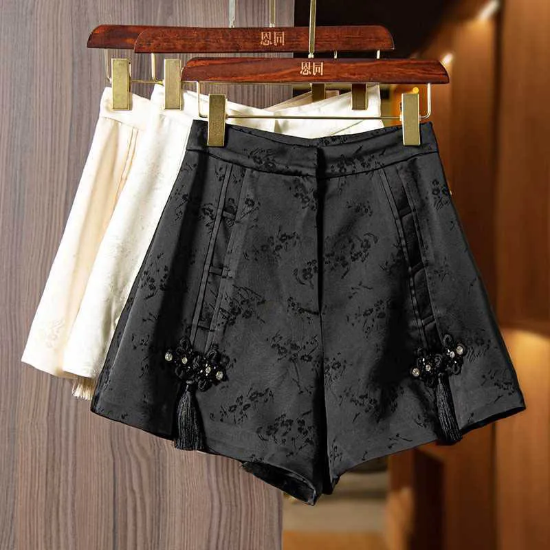 Zomer Acetaat Jacquard Shorts Retro Gesp Kwastje Wijde Benen Broek Modieuze Nieuwe Chinese Stijl Dames Shorts