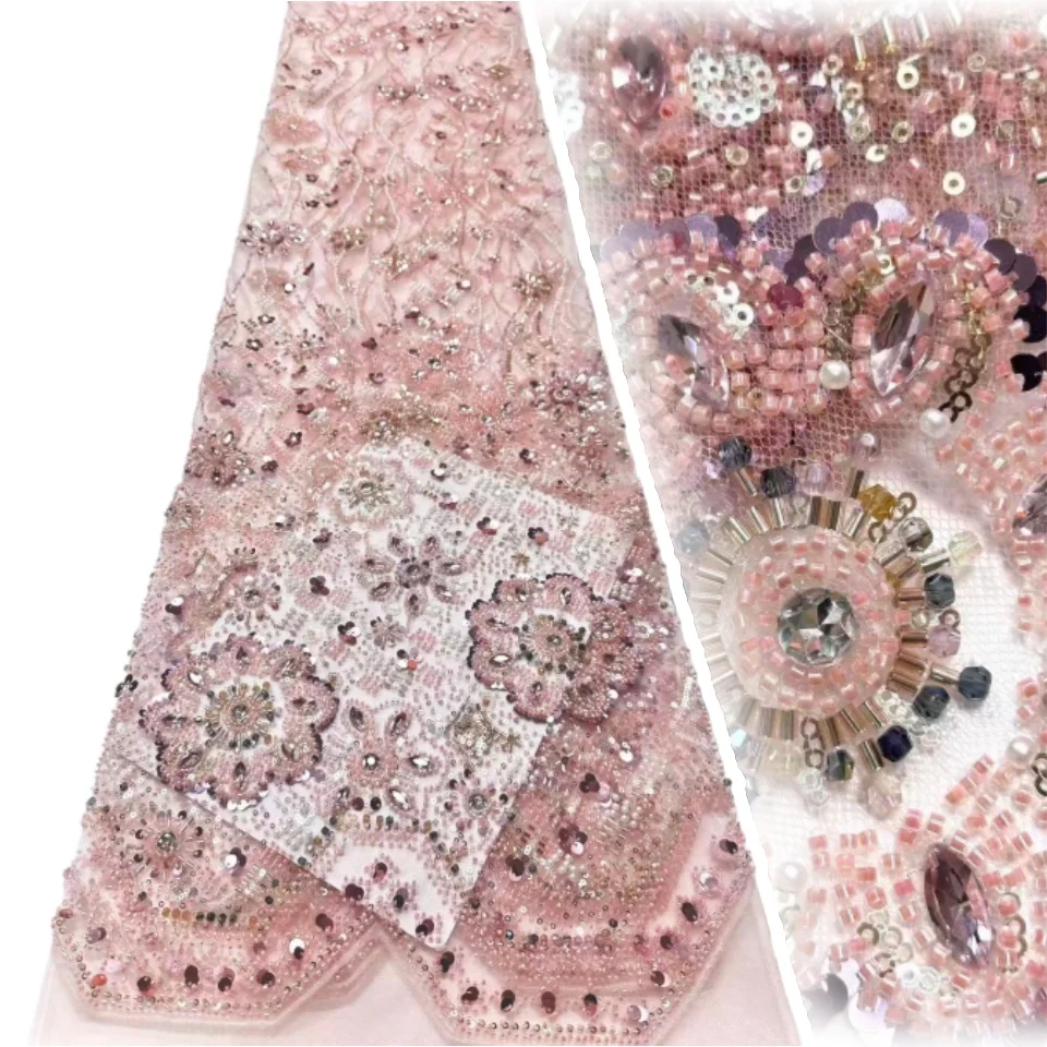 

Pink African Beaded Lace Fabric High-Quality Mesh Embroidered French Sequins for Women's Evening Dresses Sewing 5 Yards 2075