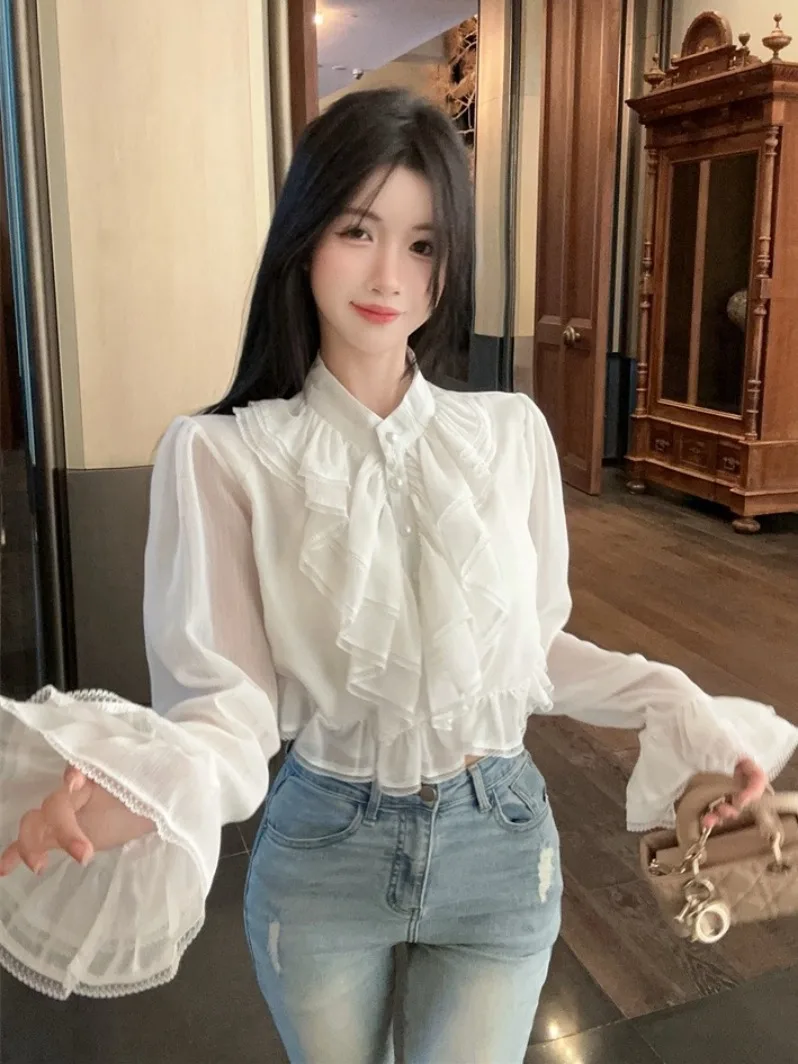 

Elegant Pink Bubble Sleeve Shirt Women's Fashionable Slimming Top Korean Style Long Sleeve Drawstring Girl's Spring Summer Bl...