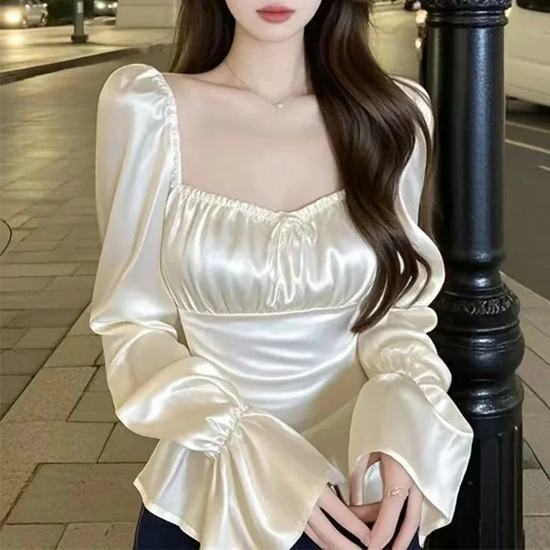 

Ladies Satin Blouse Spring Elegant Pleated Solid Color Flare Sleeve Square Collar T-Shirts Simplicity Lacing Top Tee