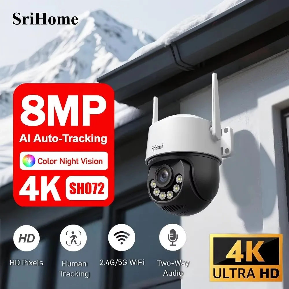

Srihome 8MP 4K WiFi PTZ Camera Smart Color Night Vision IP66 Outdoor Security 360° Coverage Smart Auto Tracking SH072