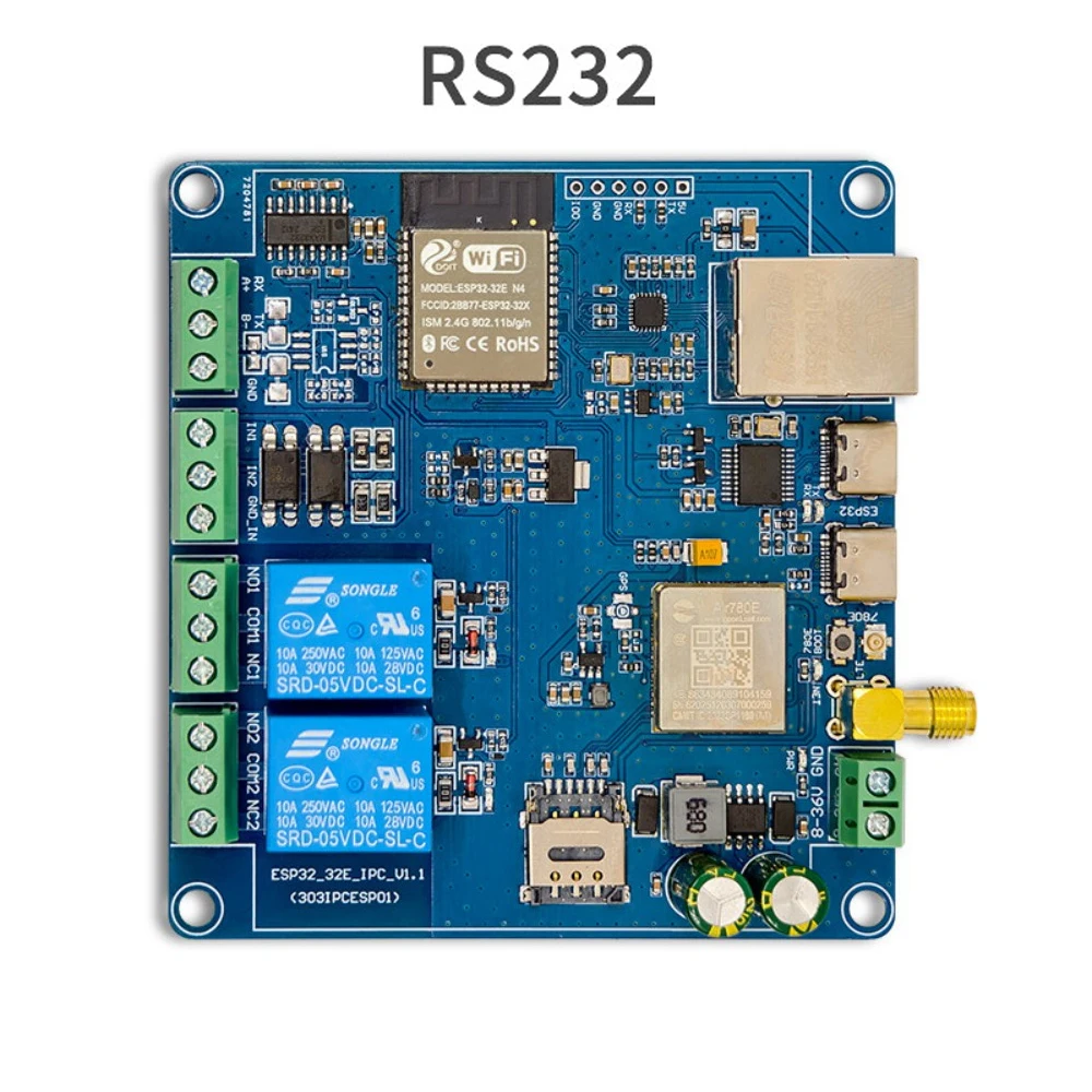ESP32 Industrial Controller Edge Computing Ethernet WiFi BT 4G CAT.1 RS485 RS232 2DI 2DO Relay CH340 Type-C/DC8-36V Power Supply