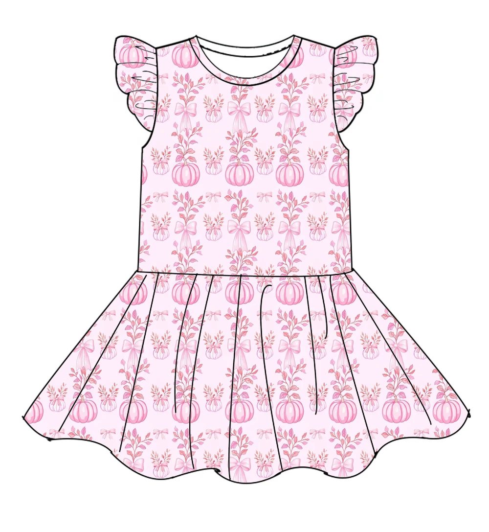 Boutique Girls Ruffle Sleeve Dress Cute Pumpkin Bow Print A‑Line Twirl Skirt Kids Thanksgiving For Toddler Little Girls