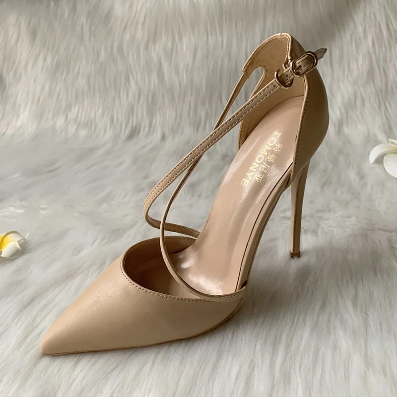 Nude Matte Leather Crossed Straps Pointed Toe Elegant Medium High Heel Evening Dress Shoes Pump Small Plus size 46 Hot On Sale