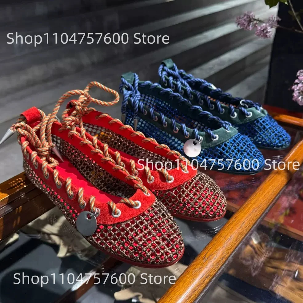 Women's Red Mesh Braided Lace-Up Rounded Toe Flat Heel Shoes Retro Elegance Ladies Beach Classic Casual Street Single Shoes