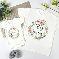 Flowers Wreath Print Big Sister Little Sister Family Matching Outfit Kids Clothes Short Sleeve T Shirt Baby Bodysuit Kids Romper