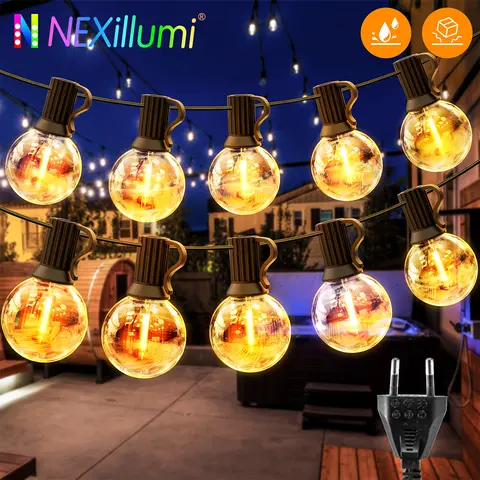 G40 LED 글로브 문자열 조명 야외 EU 플러그, IP65 플라스틱 전구, 결혼식 크리스마스 파티 장식을위한 발코니 갈 랜드 요정 램프