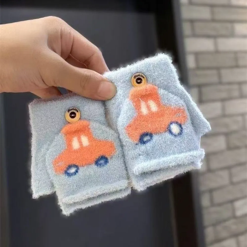 

Cartoon Car 1-5 Years Old Knitted Gloves Warm Flip-top Boys Half-fingered Gloves Cosy Windproof Kids Gloves Autumn Winter