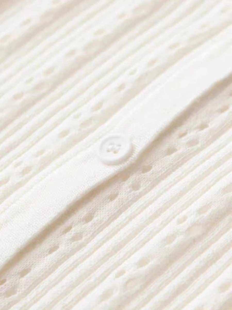 Hollow Out Solid Knitted Tops Women 2025 Spring Sexy V Neck Cotton Long Sleeve T-shirt Female Vintage Simple Cute Crop Top Chic