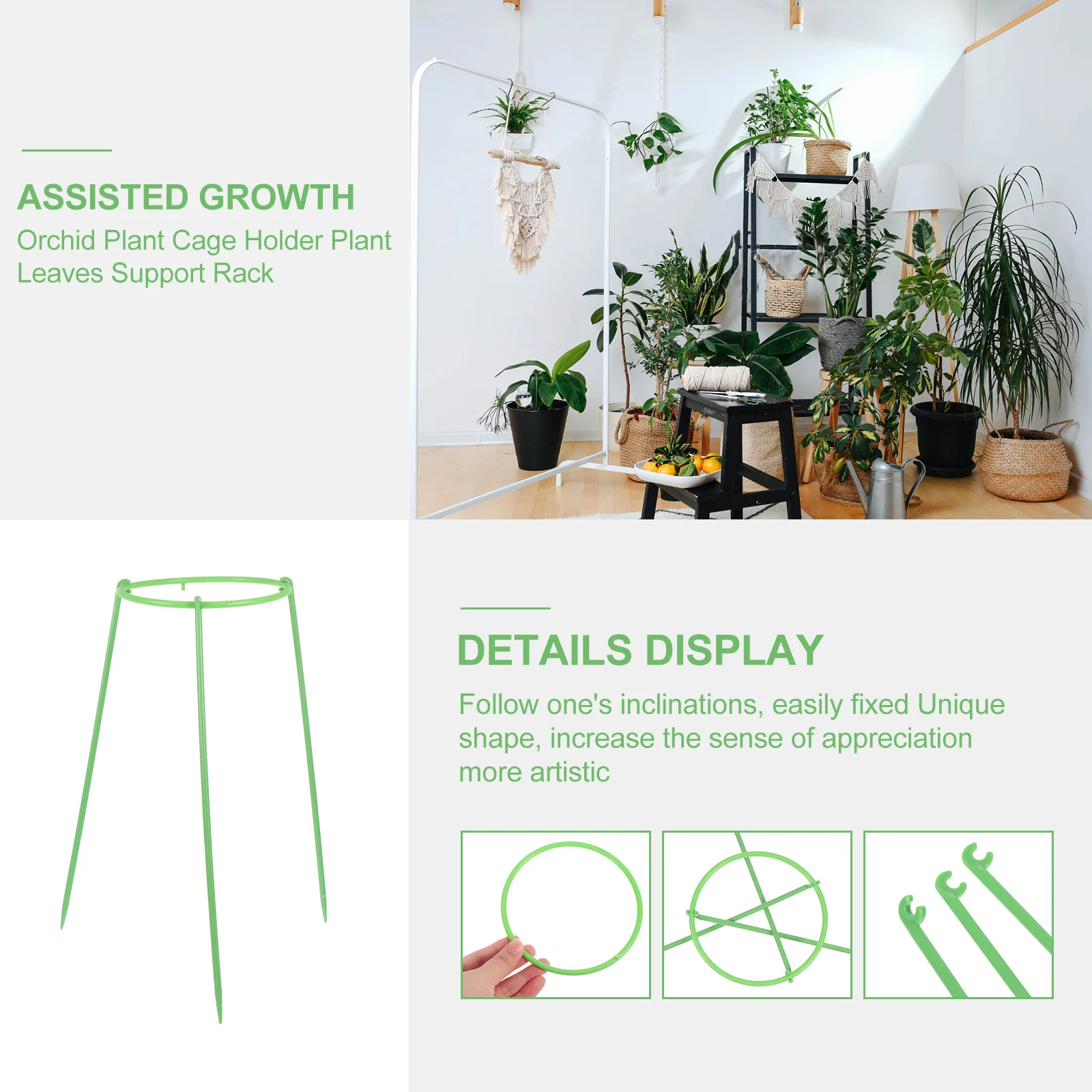 

Plant Support Cage Single-Layer Ring Rack Fixing Rods Green Potted Plant Stand For Orchid Bonsai Stable Growth