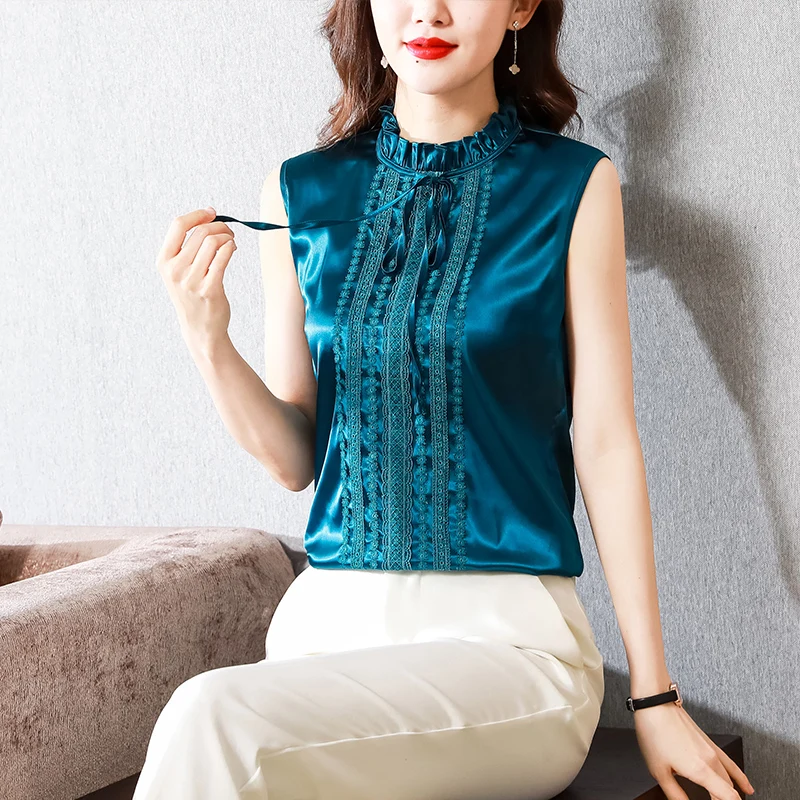 Women Clothing Fashion Elegant Lace Chiffon Blouse Summer Sleeveless O-neck Solid Color Pullover Stylish All-match Patchwork Top