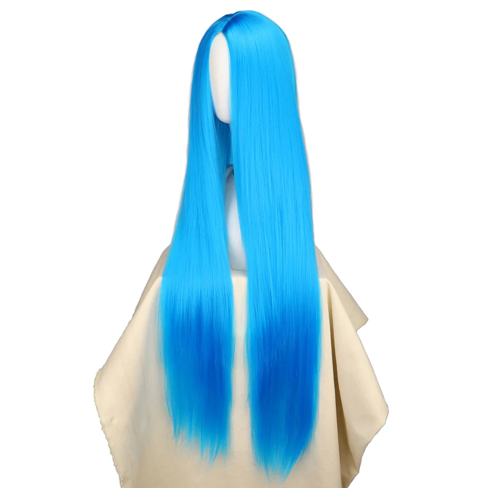 QQXCAIW Cosplay 100cm długie niebieskie syntetyczne peruki do włosów kostium anime na Halloween prosta peruka żaroodporna Jinx