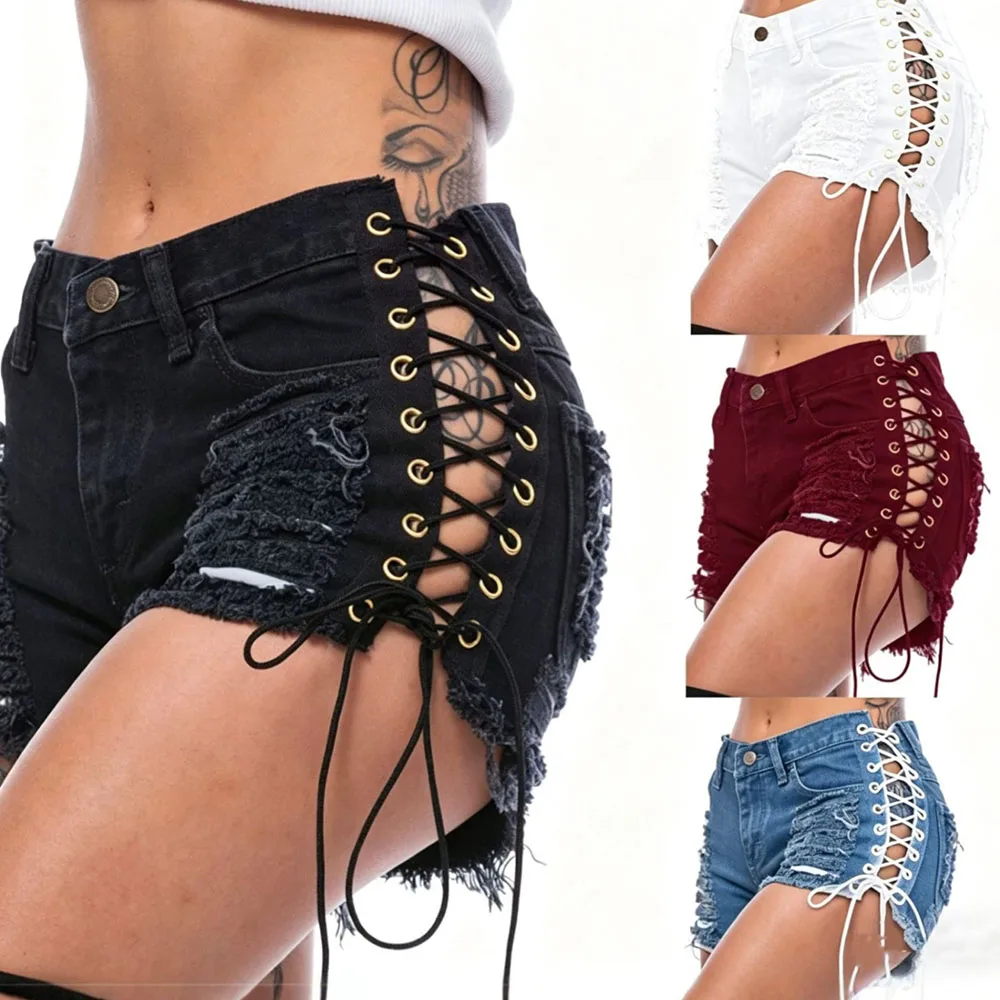 Hot Selling New Ripped Design Denim Shorts Drawstring Y2K Hot Pants Trendy Streetwear Women Summer Casual Short Jeans