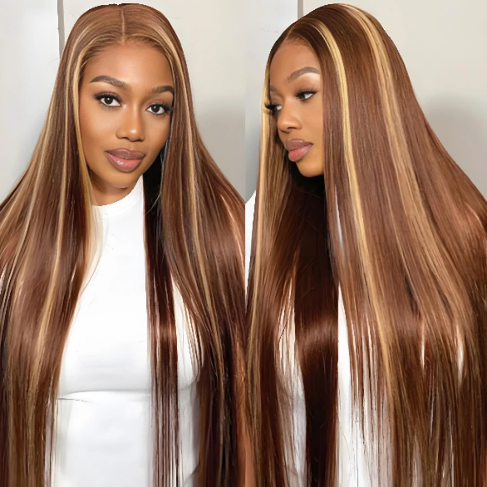 Highlight 46 Inch P4/27 Straight Wig Brazilian Human Hair Remy Women Hair 13x4 13x6 HD Transparent Lace Frontal Wig 220% Density Pre Plucked With Baby Hair