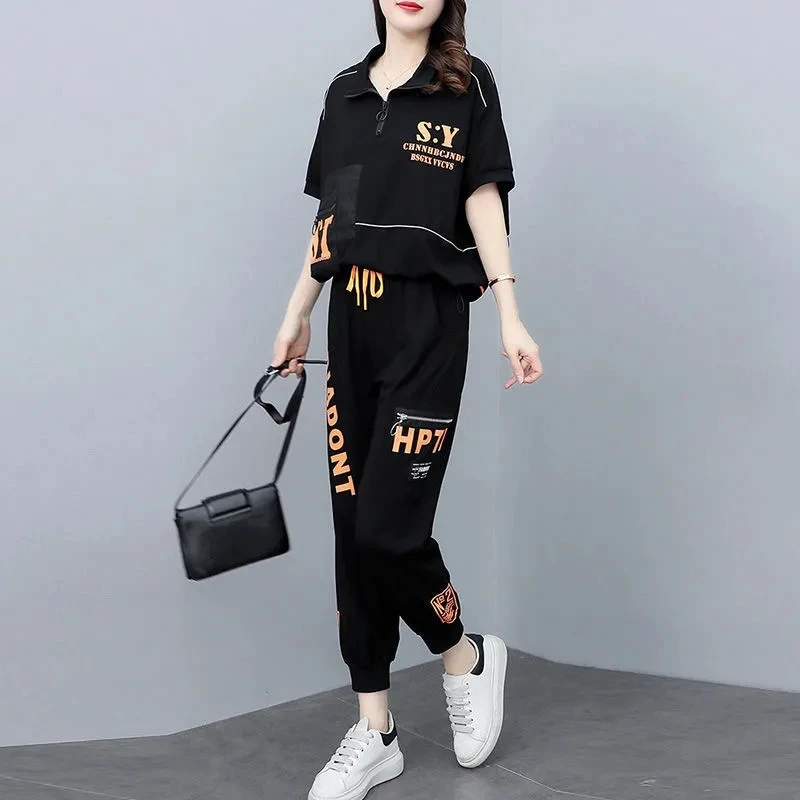 Damski strój sportowy 2024 Summer New Fashion Korean Style Loose Splicing Short Sleeve Tops Pencil Pants 2-częściowy zestaw dla kobiet