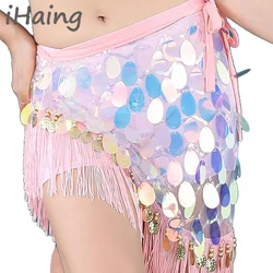 Glittery Sequins Belly Dance Hip Scarf Costume Stage DS Performance Tassel Wave Waist Chain Skirt Carnival Rave Outfit Dancewear