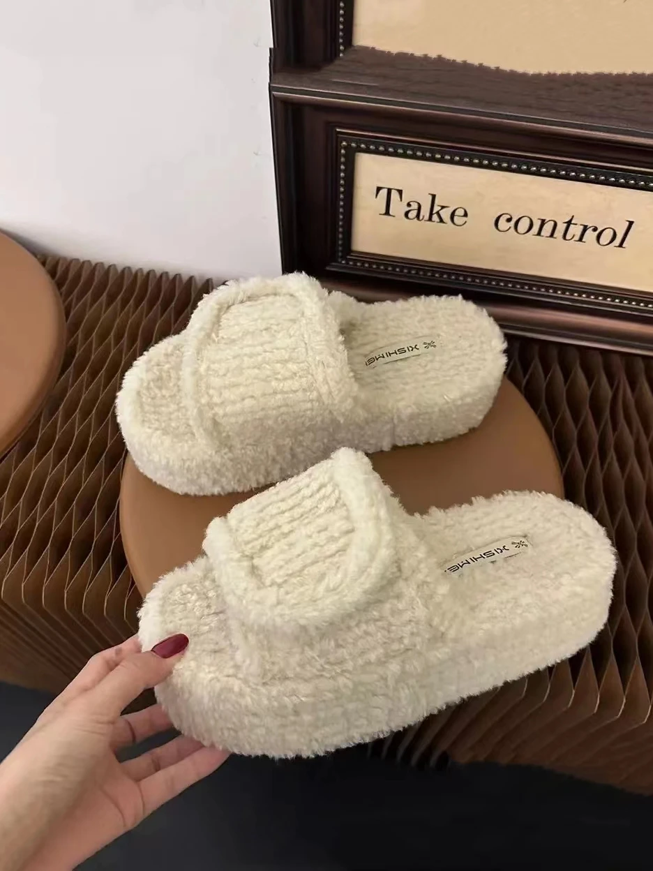 Female Shoes House Slippers Platform Fur Flip Flops Slides Med Fashion Flock 2025 Plush Massage Flat Luxury Basic Rubber Autumn image 6