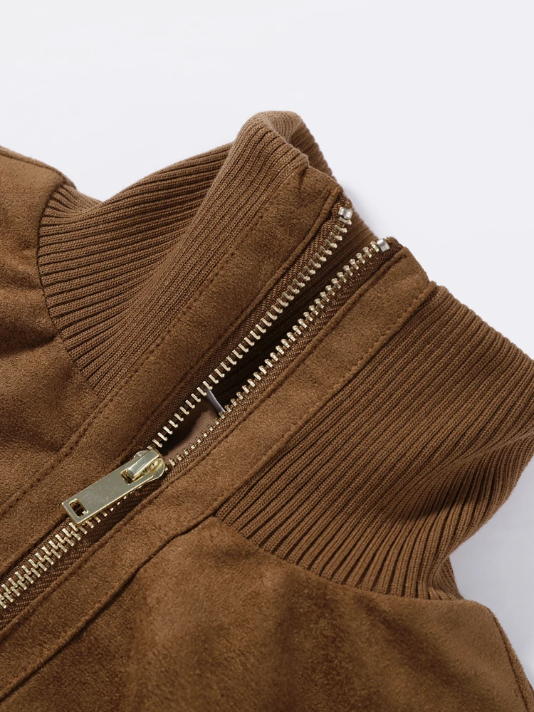 2026 Herbst Vintage Wildleder Damenjacke Langarm Revers Reißverschluss Tasche Stehkragen Kurzer Damenmantel Modische Streetwear-Oberbekleidung – Detail 4