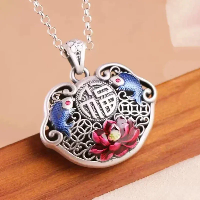 925 Silver Ruyi Lock Necklace for Women Vintage Chinese Style Red Lotus Flower Pendant Classic Charm Clavicle Chain Jewelry Gift