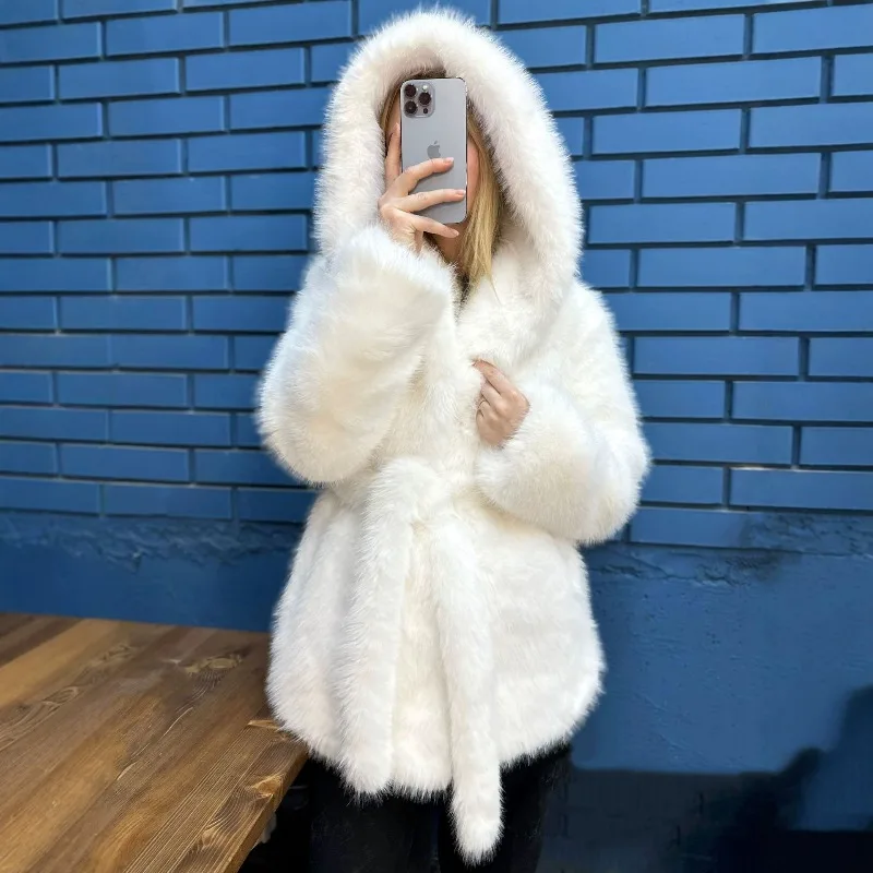 New Autumn and Winter Faux Fur Coat Cross-border European American Eco-friendly Faux Fox Fur Short Hooded Coat Women's Overcoat