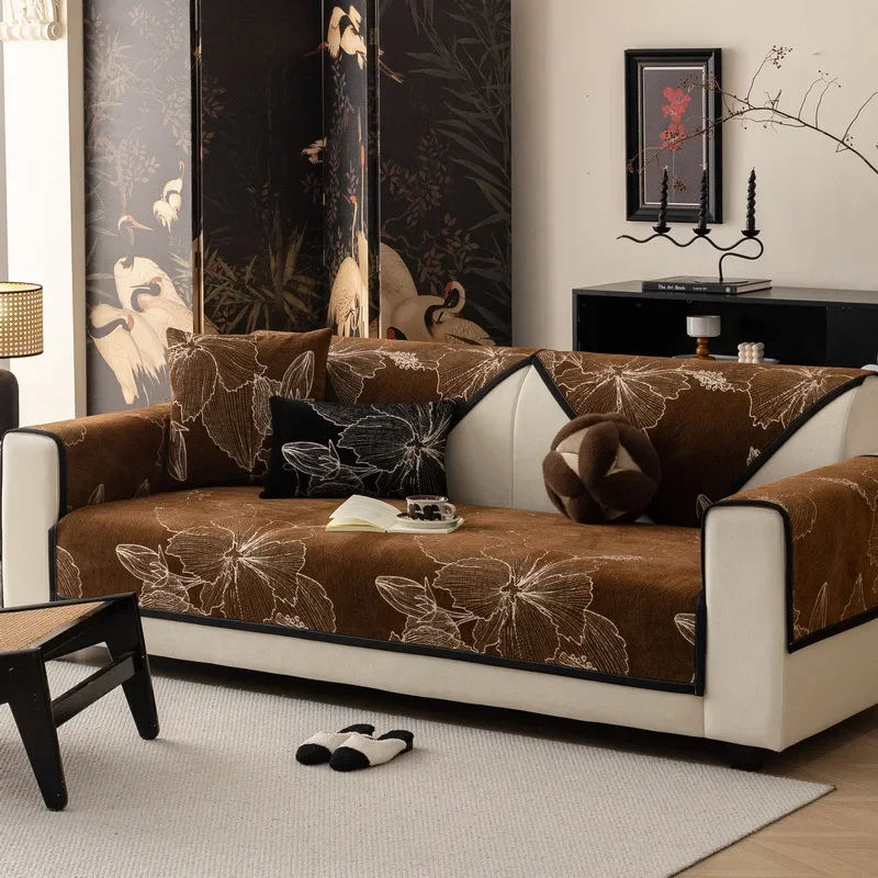 EIFLOY-Stylish Flower Chenille Sofa Cover for Living Room, Leather Couch Cover, Non-slip Chair Slipcovers, 1, 2, 3, 4, 5 Seater