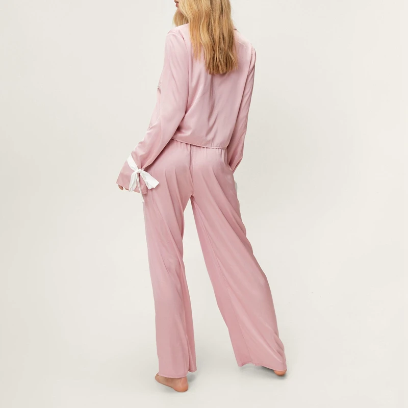 Vintage Satin Loungewear Set Bowknot Long Sleeve Lapel Button Blouse Shirt + Elastic Waist Pants 2 Pieces Sleepwear Pajamas