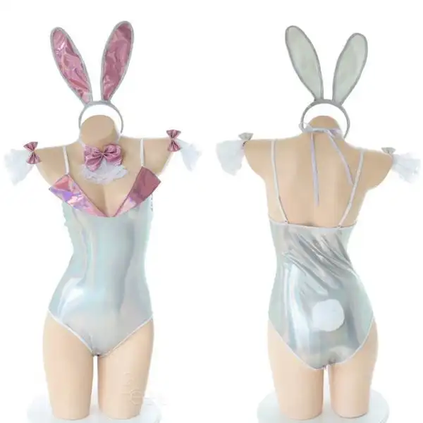 Amine Bunny Girl lencería Sexy láser rosa para mujer, disfraz de Halloween, uniforme de Cosplay de conejo, trajes de juego de rol