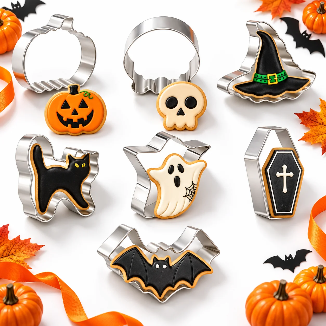 7PCS Halloween Cookie Cutter Set Stainless Steel Pumpkin Skull Witch Hat Ghost Bat Cat Coffin for Baking Pastry Home Party Decor