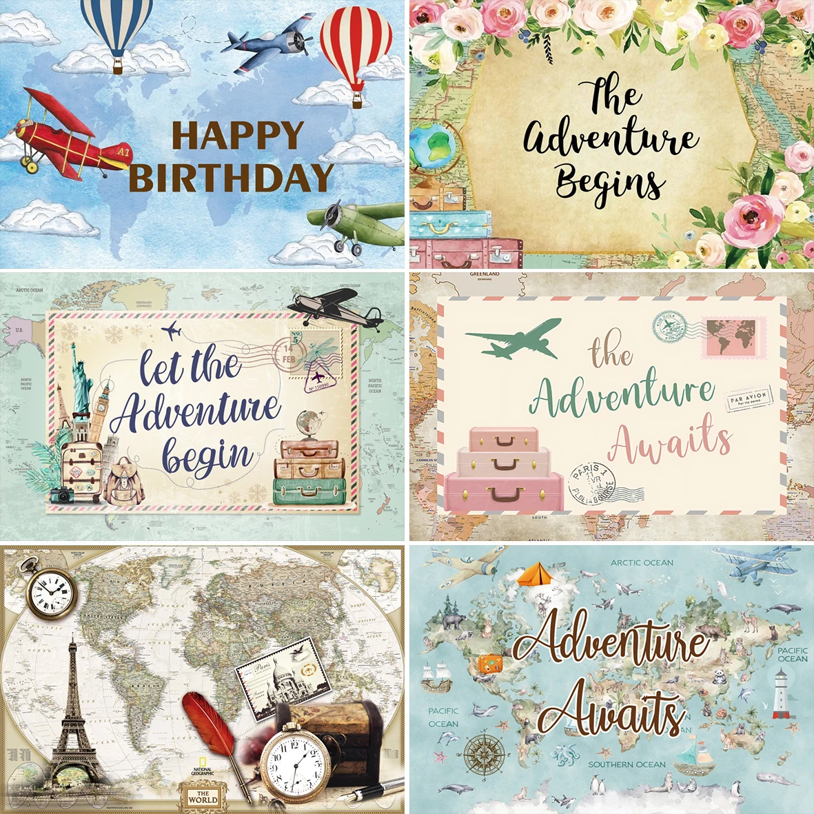 Adventure Travel Background World Map Children Birthday Party Hot Balloon Red Airplane Decor Baby Shower Photography Backdrop