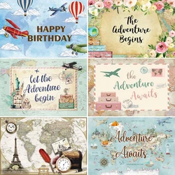 Adventure Travel Background World Map Children Birthday Party Hot Balloon Red Airplane Decor Baby Shower Photography Backdrop