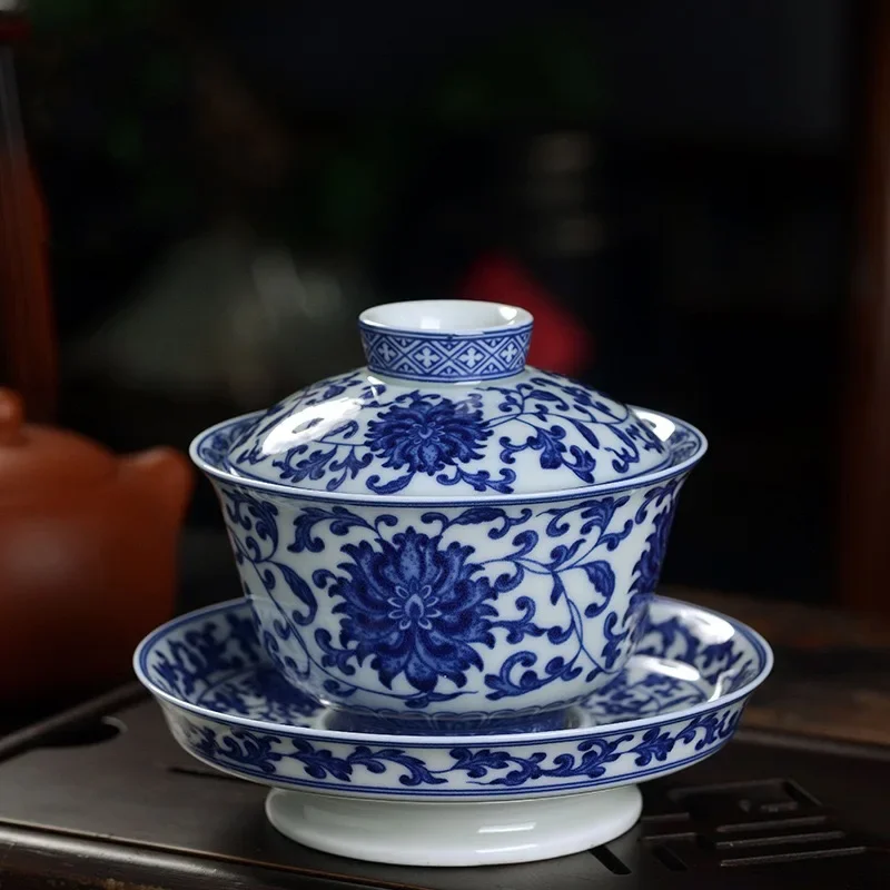 1PC Jingdezhen Blue and White Porcelain Spot Worker Entangled Lotus Sancai Cover Bowl Antique Large Household Kung Fu Master Cup