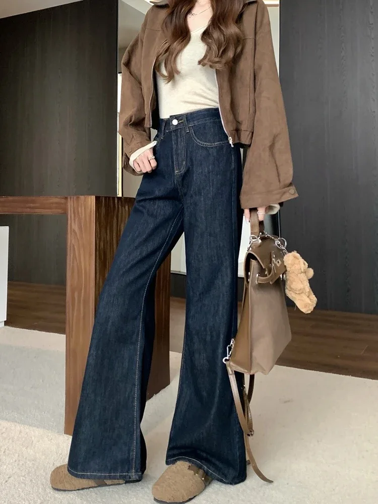 夏新アメリカンレトロ女性ジーンズシンプルなベーシックダークブルー Chicly パンツ女性のファッションストリートカジュアルハイウエスト女性ジーンズ