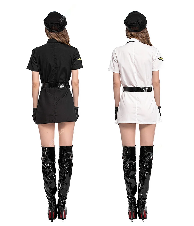 Black White Sexy Women Pilot Costumes Fancy Uniform Stewardess Cos Suit Carnival Masquerade Nightclub Role Dress