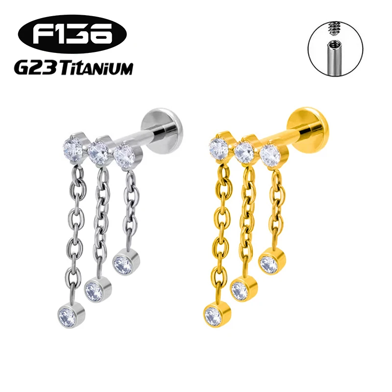 1PC G23 Titanium Piercing Jewelry Internal Thread Ear Studs Elongated Chains Tassel CZ Flat Back Conch Cartilage Stud Earrings
