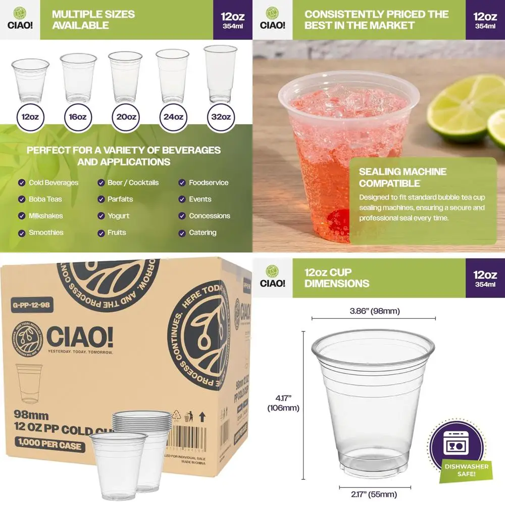 

Пластиковые стаканы для холодных напитков из полипропилена, 12 унций, с термозапечатывающейся пленкой, идеально подходят для смузи, холодного кофе и боба, 98 мм (упаковка 1000 шт.)