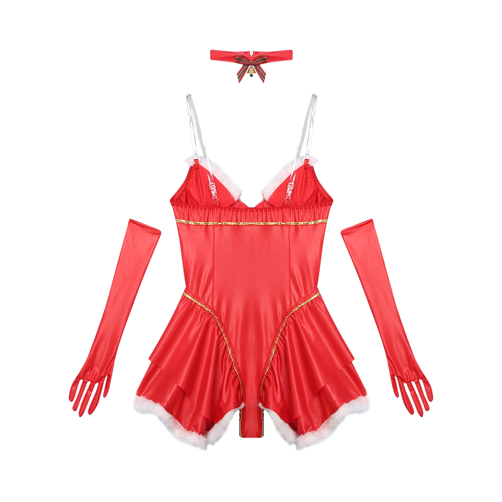 3Pcs Christmas Lingerie Sets Role Play Dress Sleeveless Lace-up Tutu Dress Bodysuit with Opera Gloves And Choker Nightwear Set