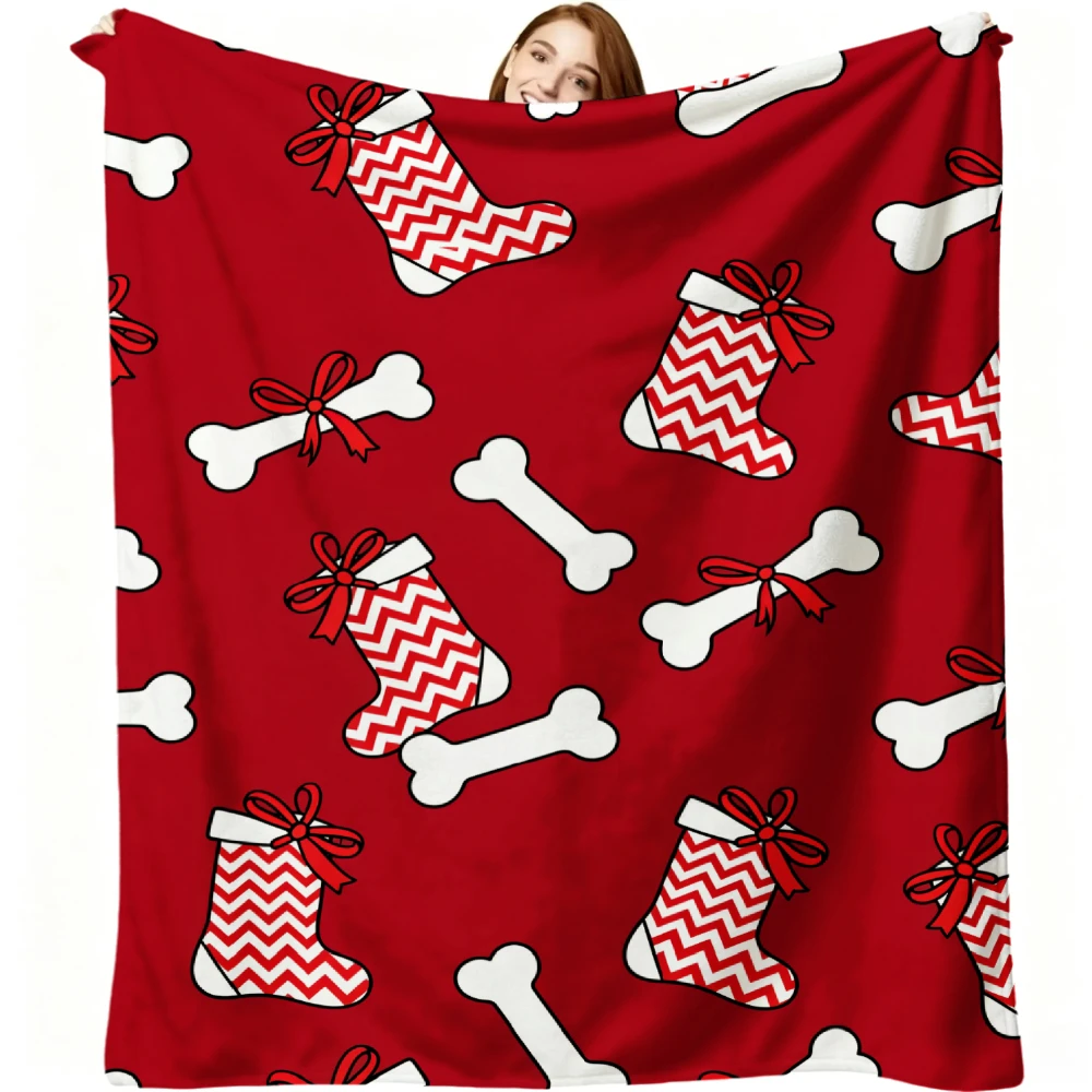 1pc Red Christmas Stocking And Bone Print Flannel Blanket Soft Comfortable Warm Bed Cover Autumn Winter Season Living Room Bedroom Sofa Halloween Thanksgiving Christmas Festival Gift