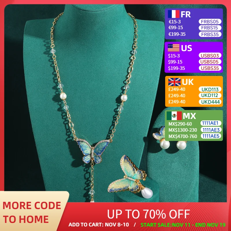 

Vintage Butterfly Necklace Set Jewelry Drop Pearl Enamel Luxury Designer For Women Zircon Earrings Rings Wedding Accessories