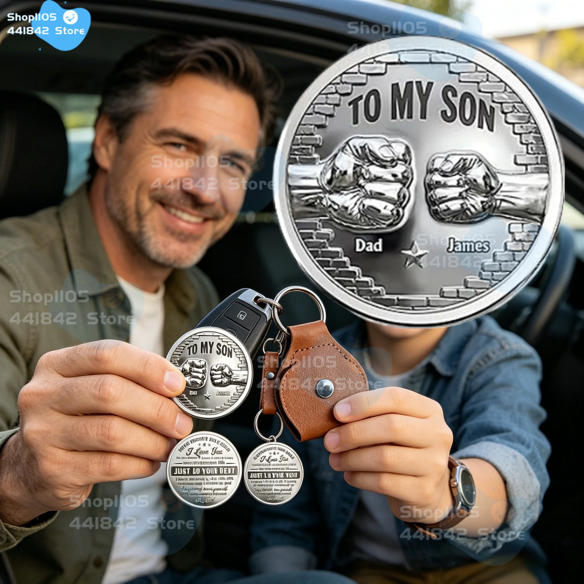 

2026 Personalized To My Son Pocket Hug Coin from Dad, Custom Keychain with Leather Pocket, Father to Son Keepsake Gifts