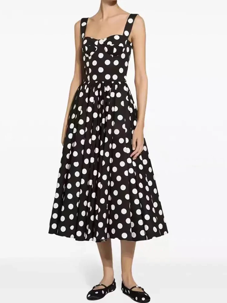 

Fashionable and elegant summer women's new polka-dot sling dress slim high waist big swing skirt sexy temperament A-word dress