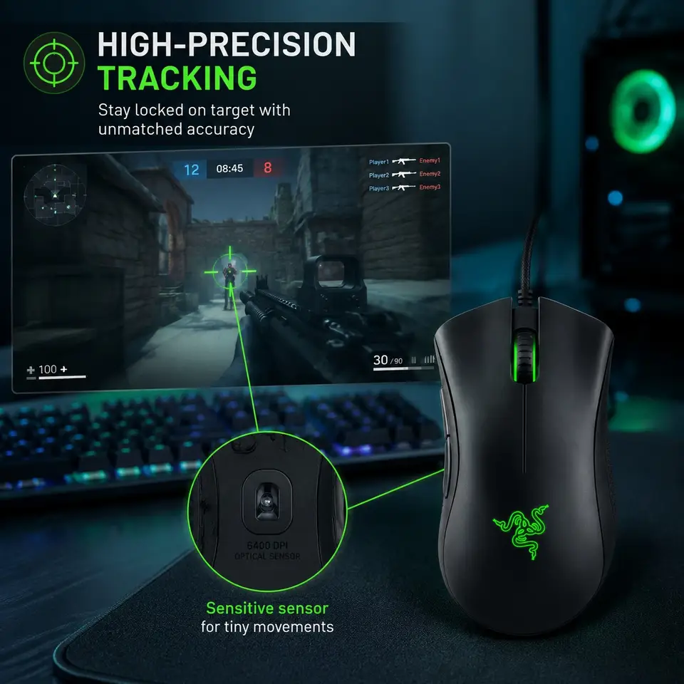 ماوس ألعاب سلكي Razer DeathAdder Essential بدقة 6400DPI، مستشعر بصري، 5 أزرار مستقلة للابتوب والكمبيوتر - 3