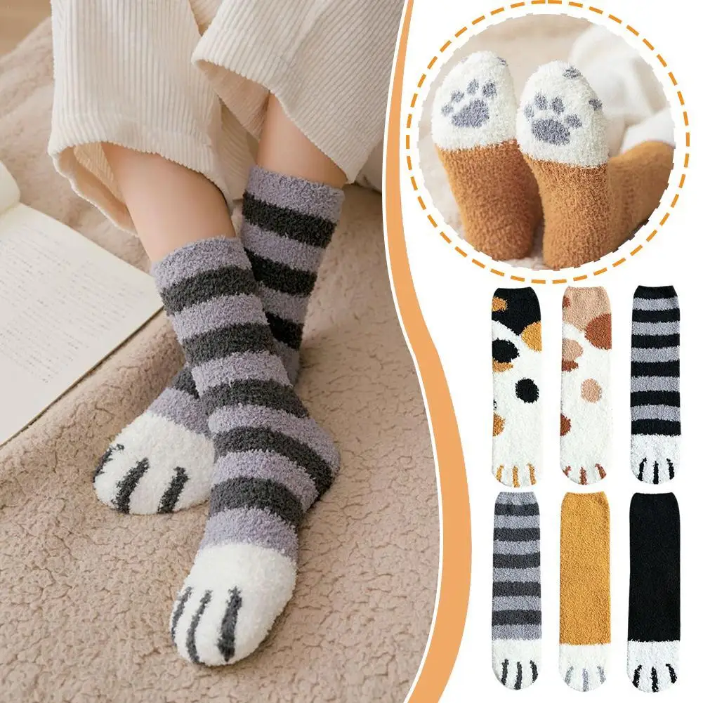 Calcetines Cálidos de Invierno para Mujer, Calcetines Afelpados con Diseño de Huellas de Gato, Calcetines Gruesos de Felpa Coral para Dormir en Casa