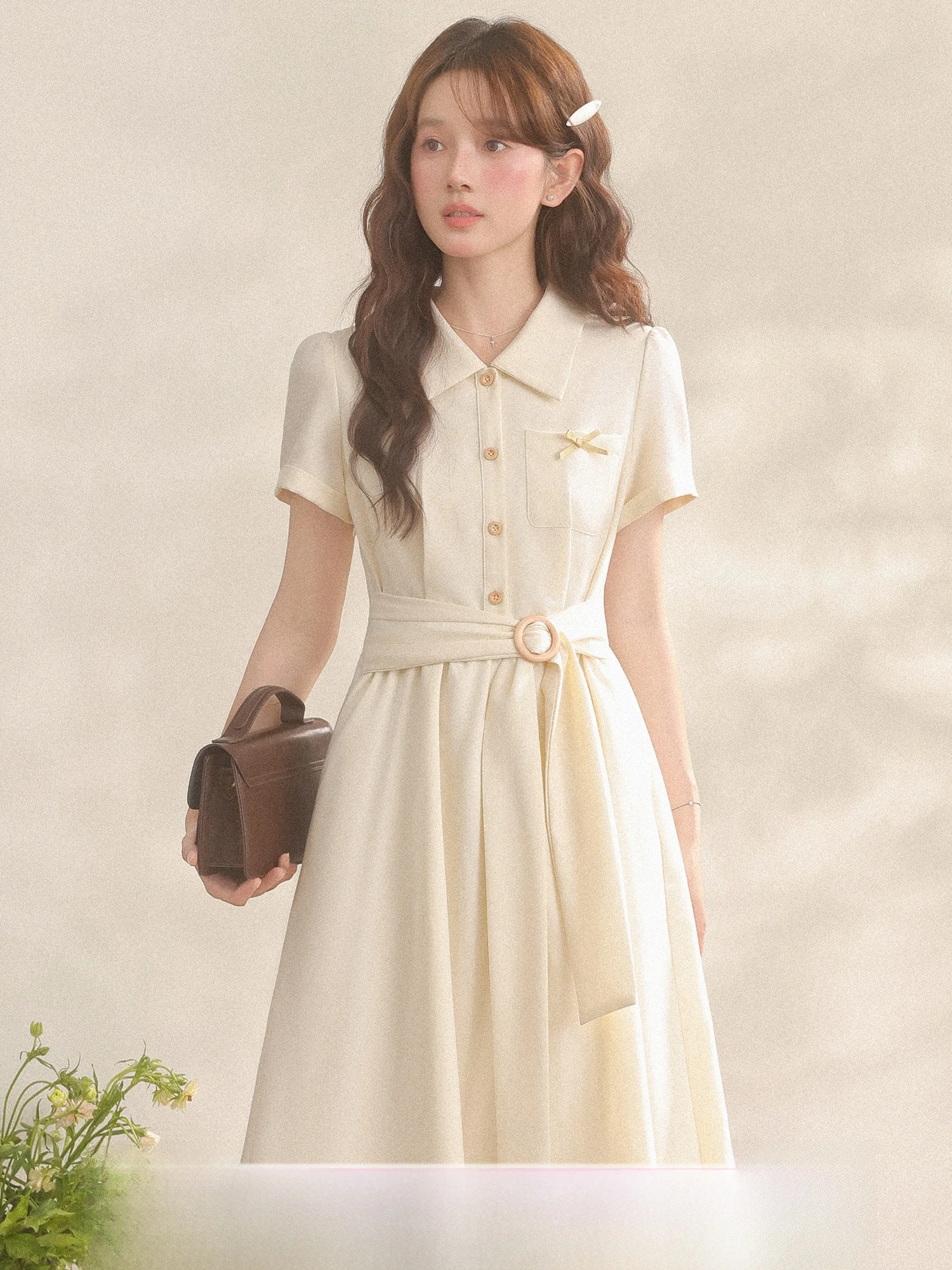 

Three-Inch Lotus Commute Collar Shirt Dress Waist-Cinching Interview Women's Fashion Polyester Blend Short Sleeve A-Line...