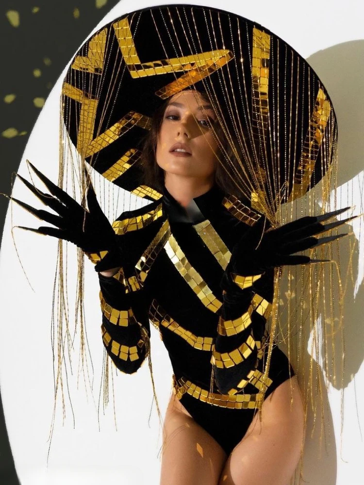 Gogo Golden Lens Nightclub Sexy Performance Costume Hat Suit Bar Female Costumes Stage DJ Clothing Cosplay Festival Suit