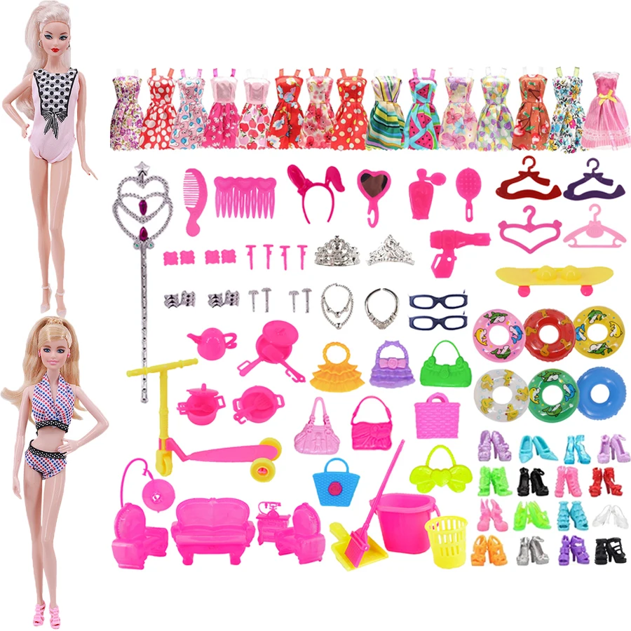 Random Kitchenware, Sofa, Comb, Bracelet, Clothes Hanger, Bag, Magic Wand, Swimming Circle, Swimsuit, 76 Piece Set,For 30cm Doll