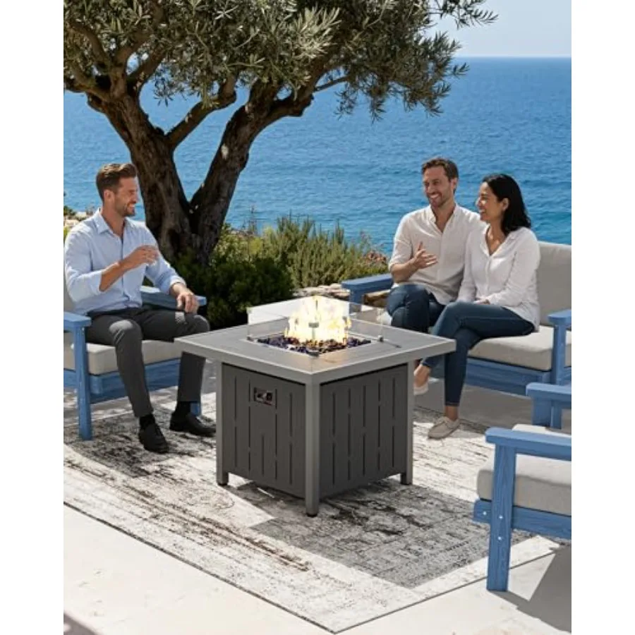 Outdoor fire pit table for patio garden backyard use, HDPE material, black color, 50, 000 BTU propane heating with lid glass ro